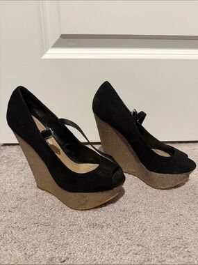 Steve Madden Black Peep-Toe Wedge Pumps with Gold Glitter Platform